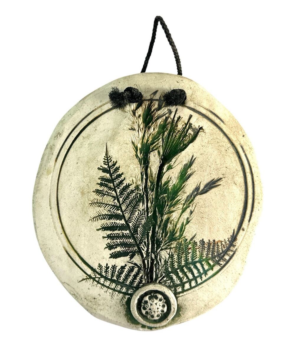 Vintage Handmade Pottery Wall Plaque Pressed Fern Botanical Art 6.75”